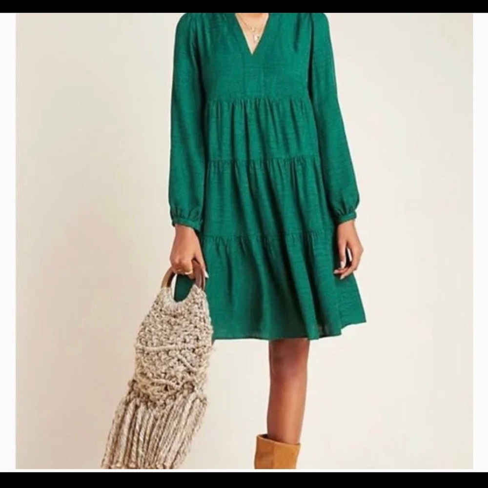 Anthropologie Green Tiered Bishop Sleeve Sundress